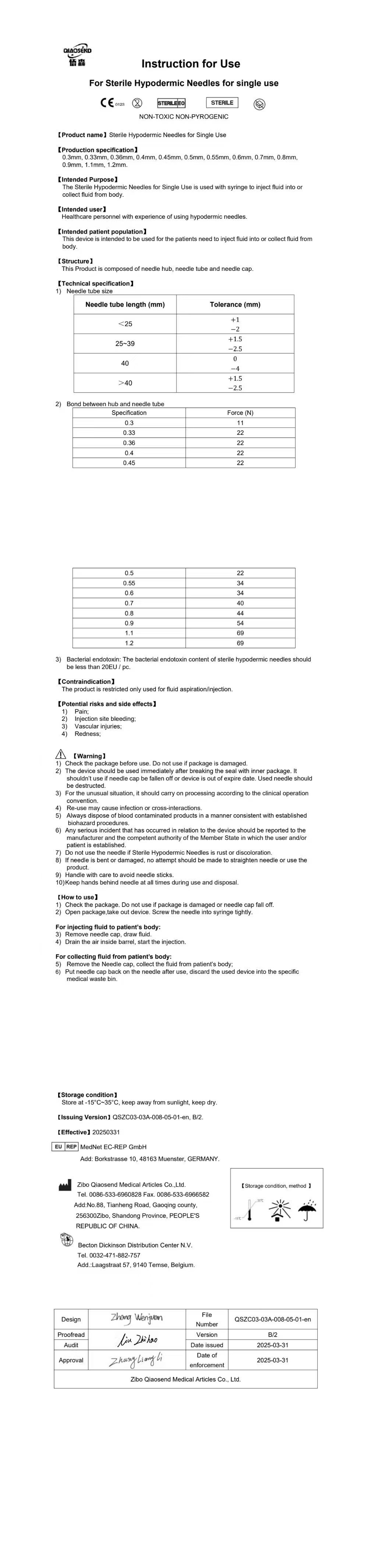 Instruction for Use For Sterile Hypodermic Needles for single use