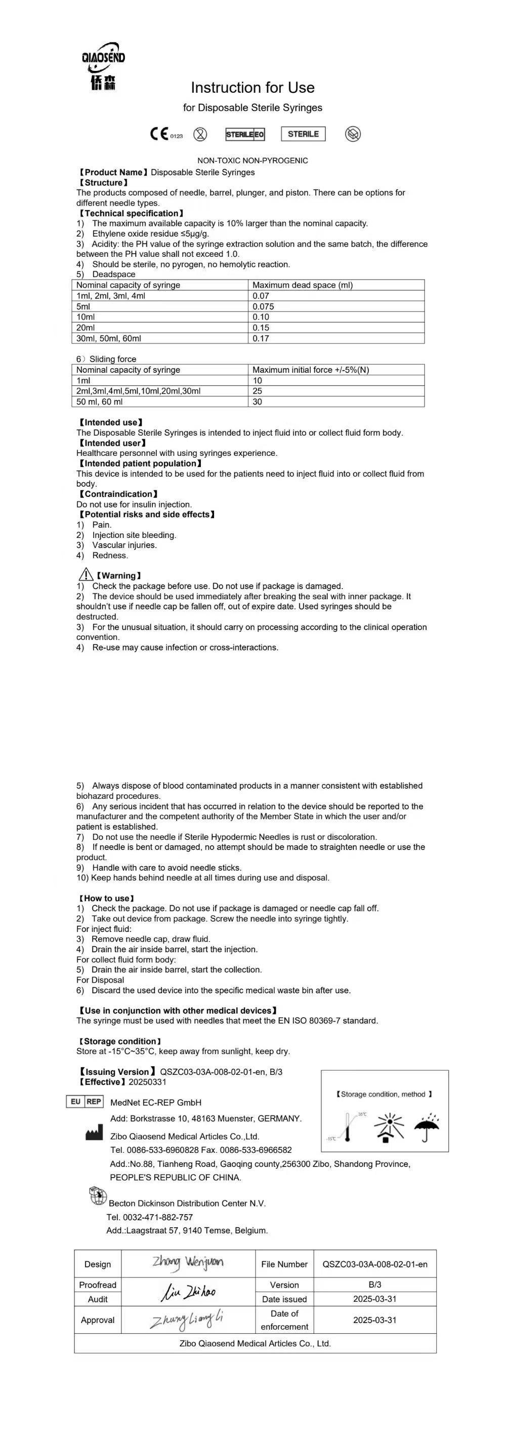 Instruction for Use for Disposable Sterile Syringes