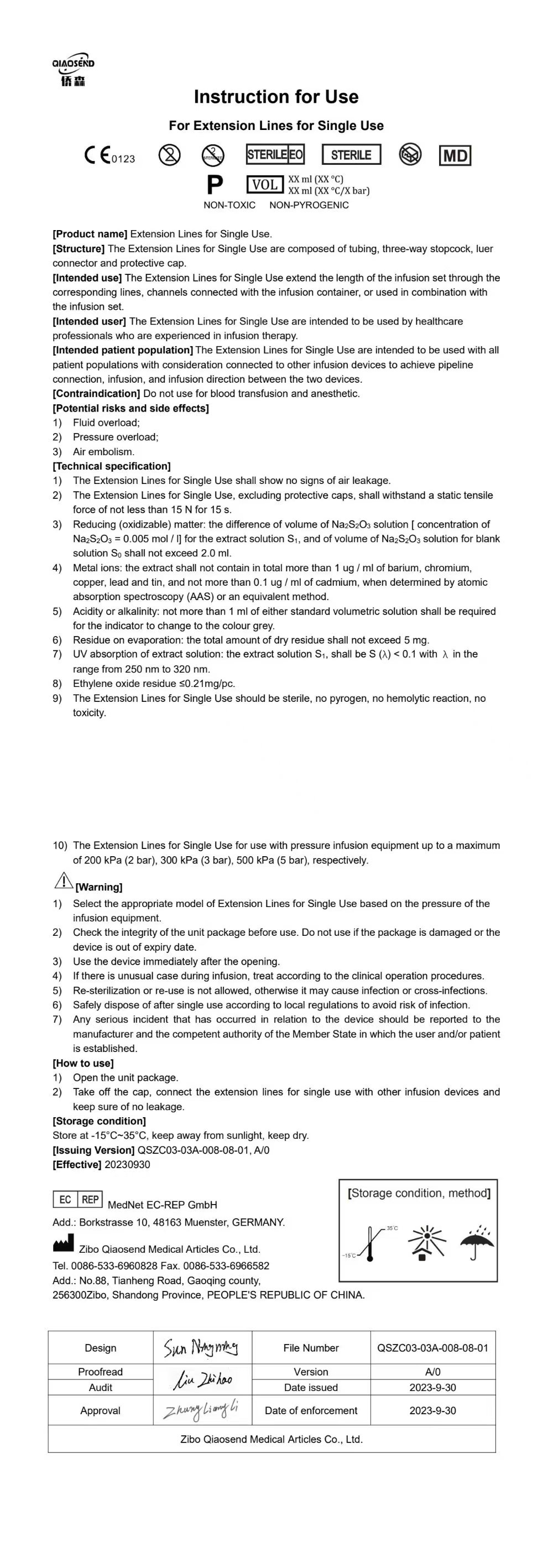 Instruction for  Use For Extension Lines for single Use 